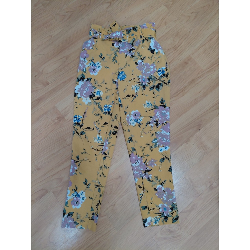 One By Chapter One Women's Size XS Yellow Floral Pants Belted Pockets Flowy